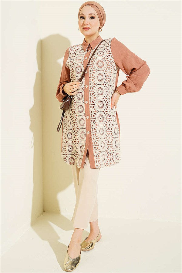 Shirt with Cufflinks and Lace Details, Camel