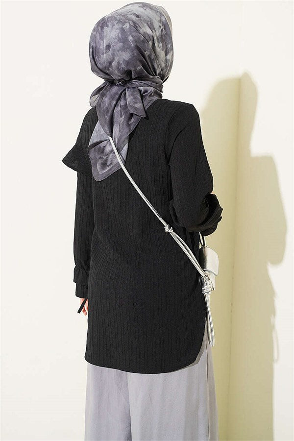 Shirt with Wrist Ruffle Detail, Black