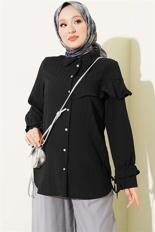 Shirt with Wrist Ruffle Detail, Black