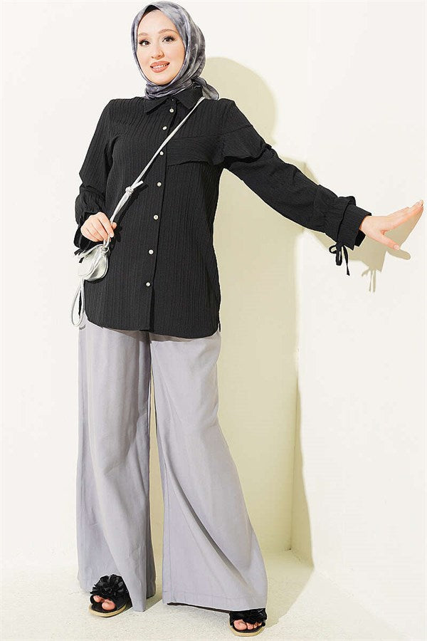 Shirt with Wrist Ruffle Detail, Black
