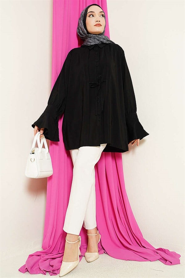 Loose-fitting Modal Shirt with Wrist Ruffles, Black