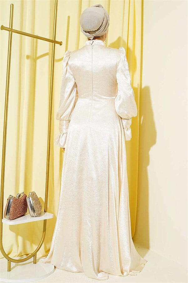 Wrist Ruffled Side Tie Evening Dress, Beige