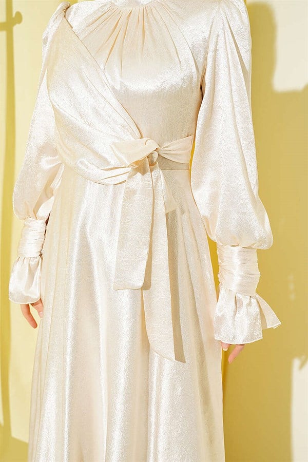 Wrist Ruffled Side Tie Evening Dress, Beige