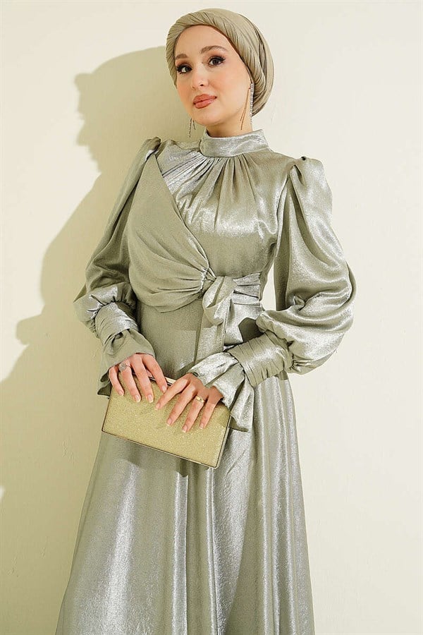 Wrist Ruffled Side-Tie Evening Dress in Light Green