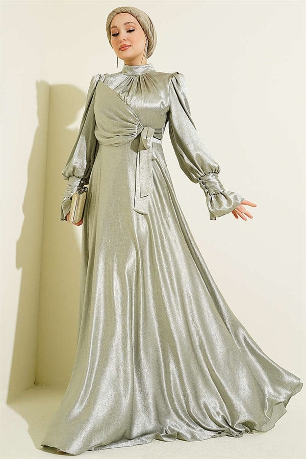 Wrist Ruffled Side-Tie Evening Dress in Light Green