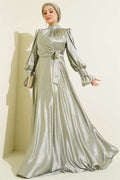 Wrist Ruffled Side-Tie Evening Dress in Light Green