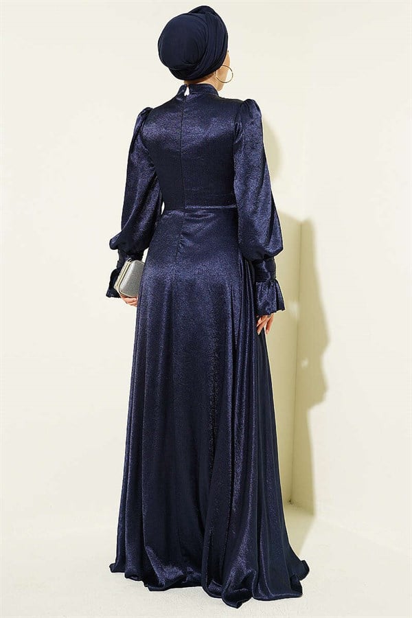 Navy Blue Side-Tie Evening Dress with Ruffled Wrists