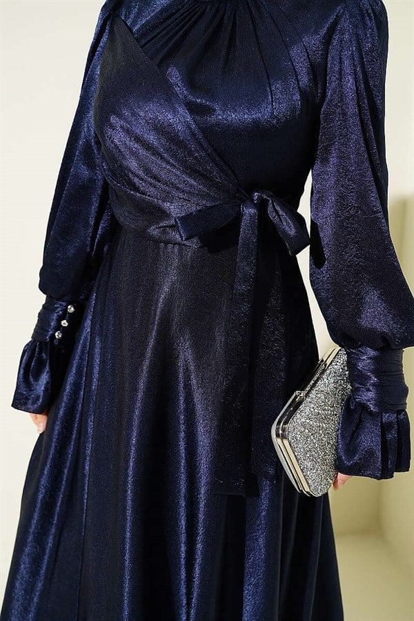 Navy Blue Side-Tie Evening Dress with Ruffled Wrists