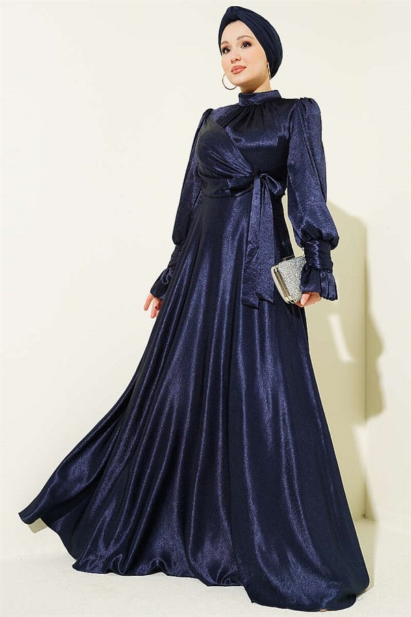 Navy Blue Side-Tie Evening Dress with Ruffled Wrists