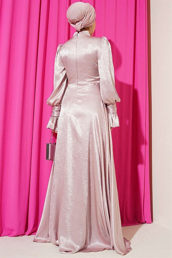 Wrist Ruffled Side Tie Evening Dress Powder Pink
