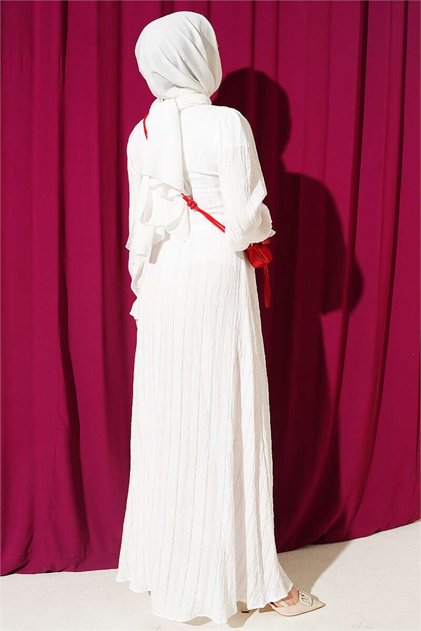 Half-Button Dress with Ruffled Ankles, Ecru