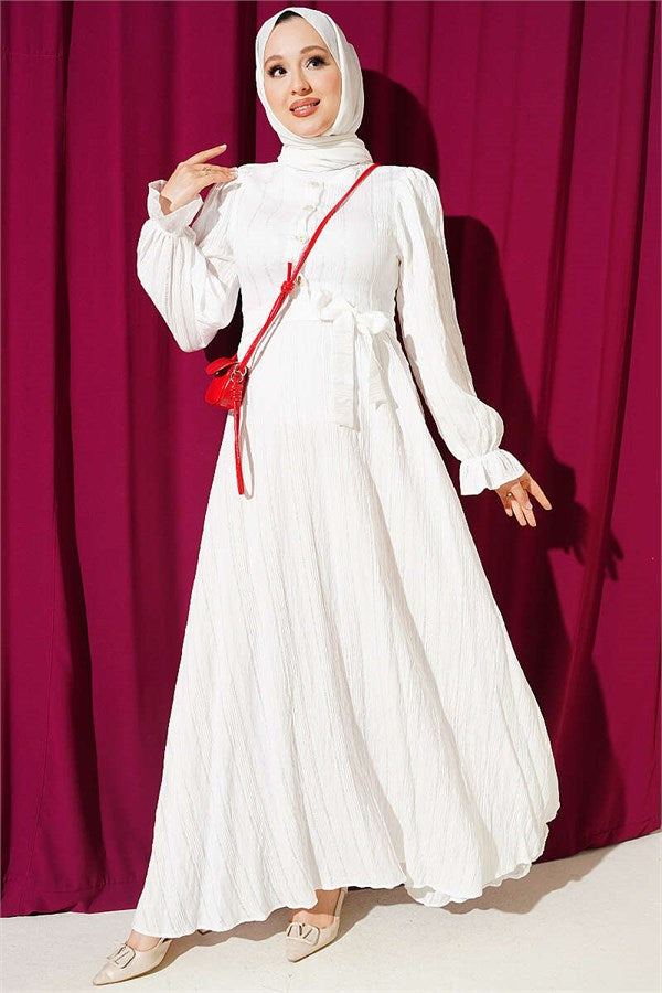 Half-Button Dress with Ruffled Ankles, Ecru