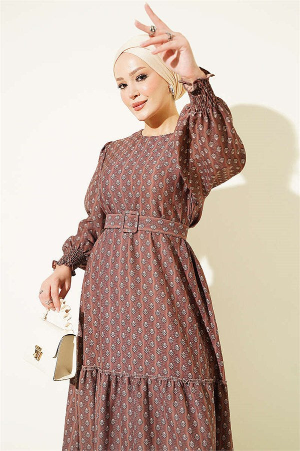 Ankle-Sized Patterned Dress, Coffee