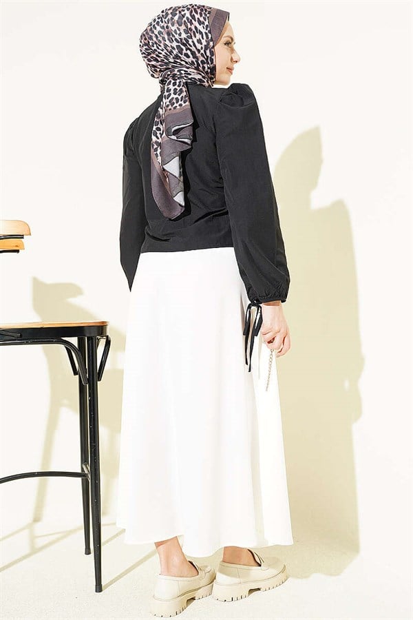 Ankle-Draw Balloon Sleeve Short Shirt Black