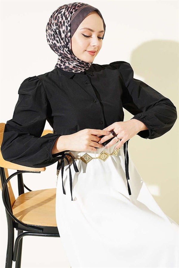 Ankle-Draw Balloon Sleeve Short Shirt Black