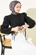 Ankle-Draw Balloon Sleeve Short Shirt Black