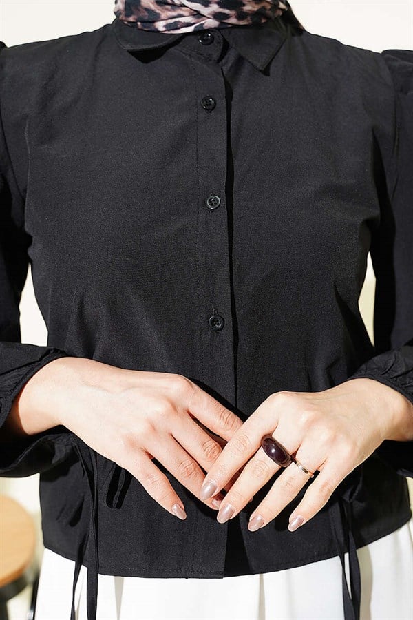 Ankle-Draw Balloon Sleeve Short Shirt Black