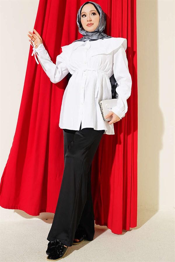 White Sailor Collar Shirt with Ankle Drawstring