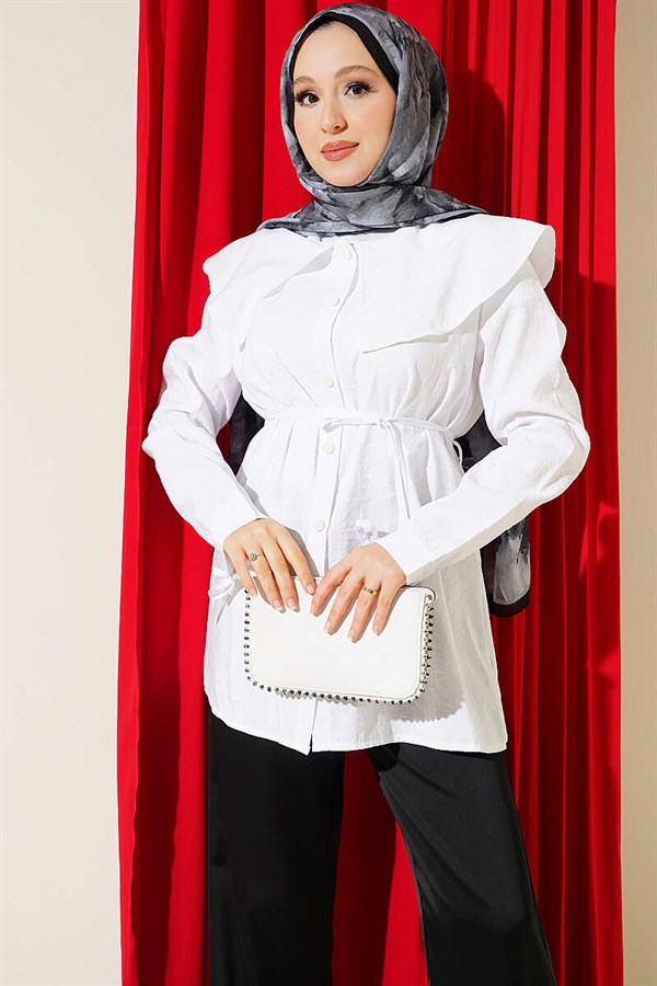 White Sailor Collar Shirt with Ankle Drawstring