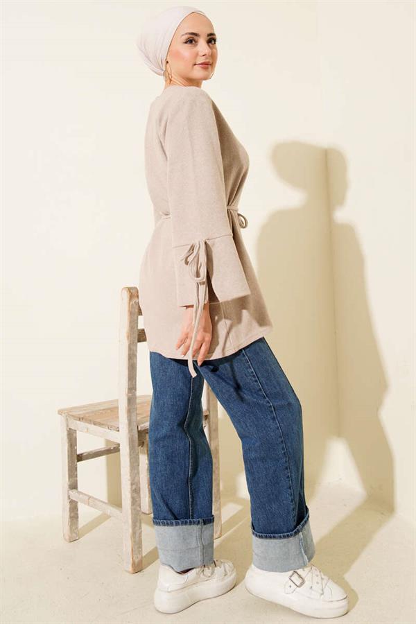 Wrist String Ribbed Cashmere Tunic Beige