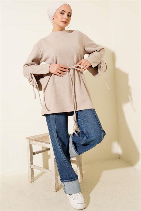 Wrist String Ribbed Cashmere Tunic Beige