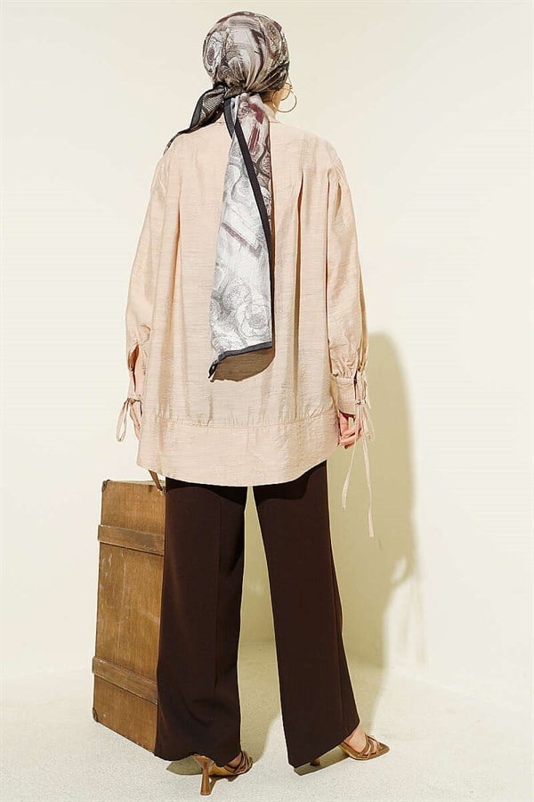 Oversize Shirt with Ankle Drawstring Pleat Detail, Beige