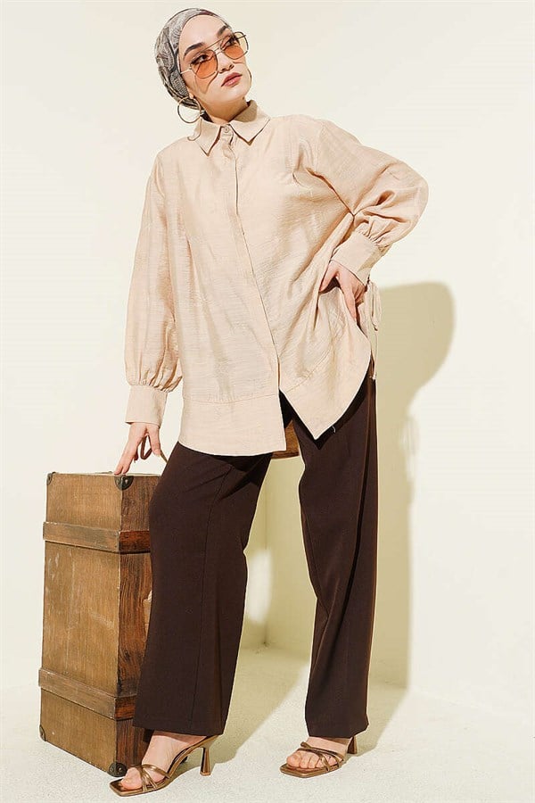 Oversize Shirt with Ankle Drawstring Pleat Detail, Beige