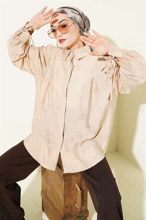 Oversize Shirt with Ankle Drawstring Pleat Detail, Beige