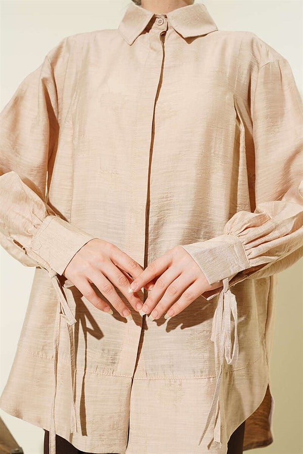 Oversize Shirt with Ankle Drawstring Pleat Detail, Beige