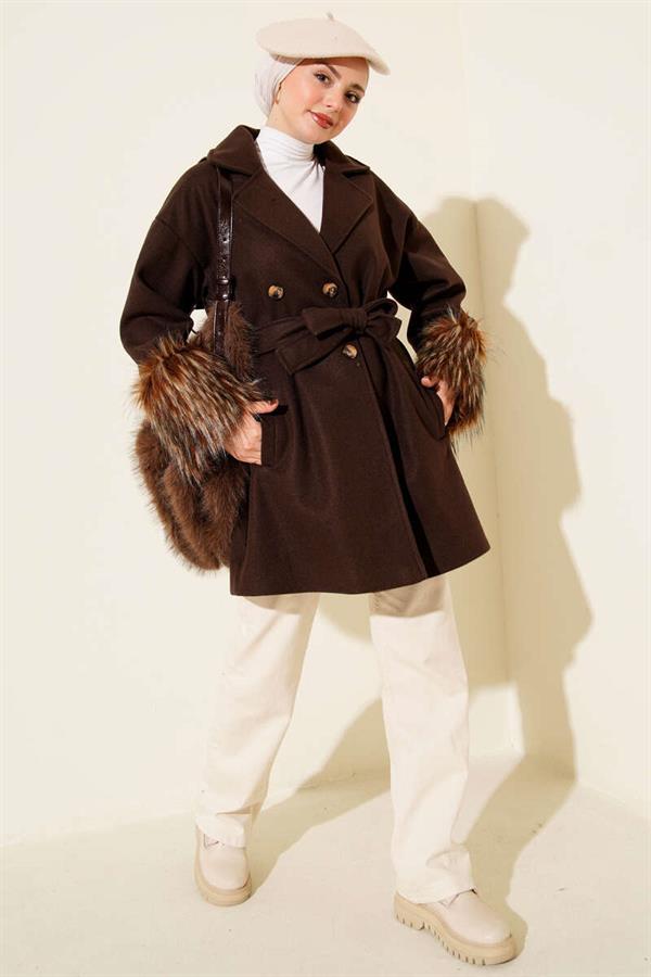 Wrist Fur Buttoned Cashmere Coat Bitter Brown