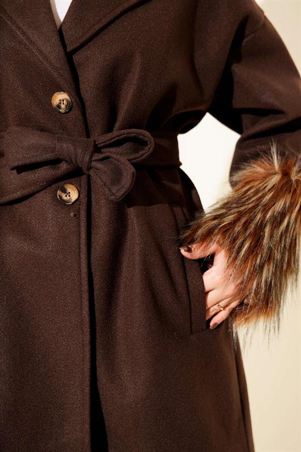 Wrist Fur Buttoned Cashmere Coat Bitter Brown