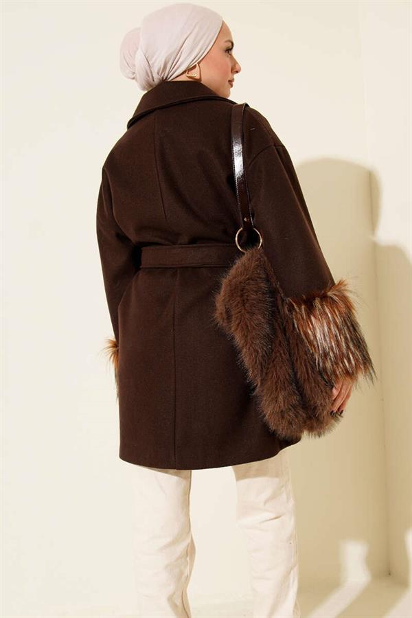 Wrist Fur Buttoned Cashmere Coat Bitter Brown