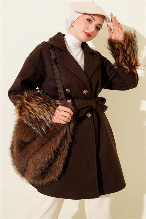 Wrist Fur Buttoned Cashmere Coat Bitter Brown