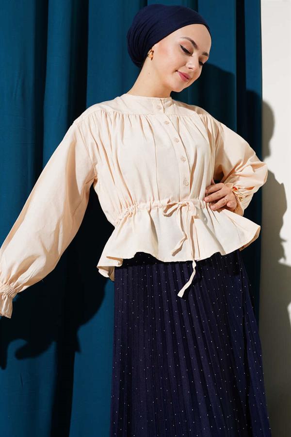 Elastic Waist Tunnel Short Shirt Beige