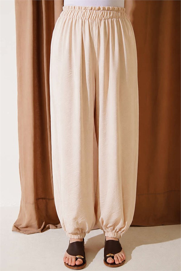 Beige Harem Pants with Elasticated Ankles and Pockets