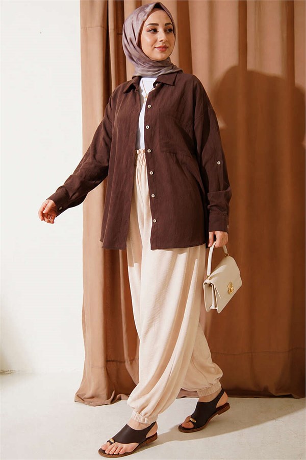 Beige Harem Pants with Elasticated Ankles and Pockets