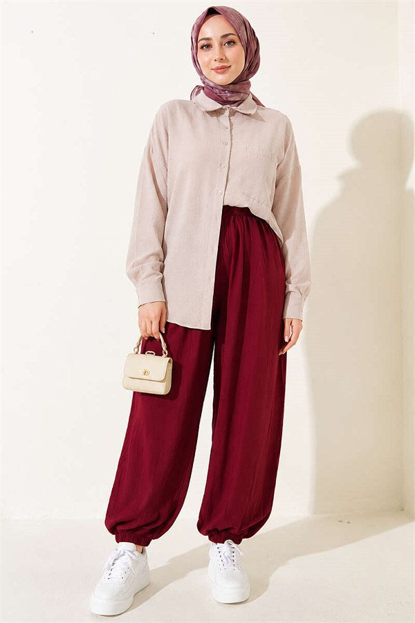 Burgundy Harem Pants with Elasticated Ankles and Pockets