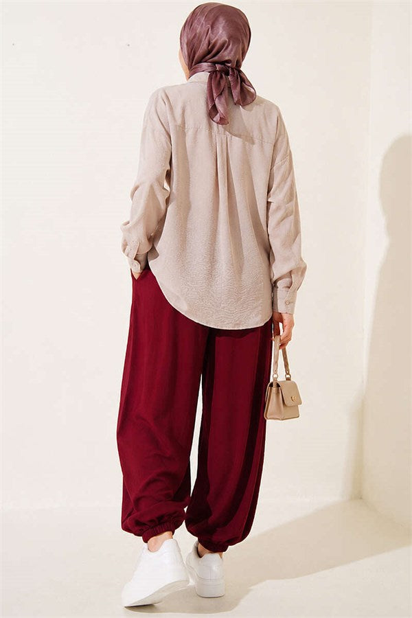 Burgundy Harem Pants with Elasticated Ankles and Pockets