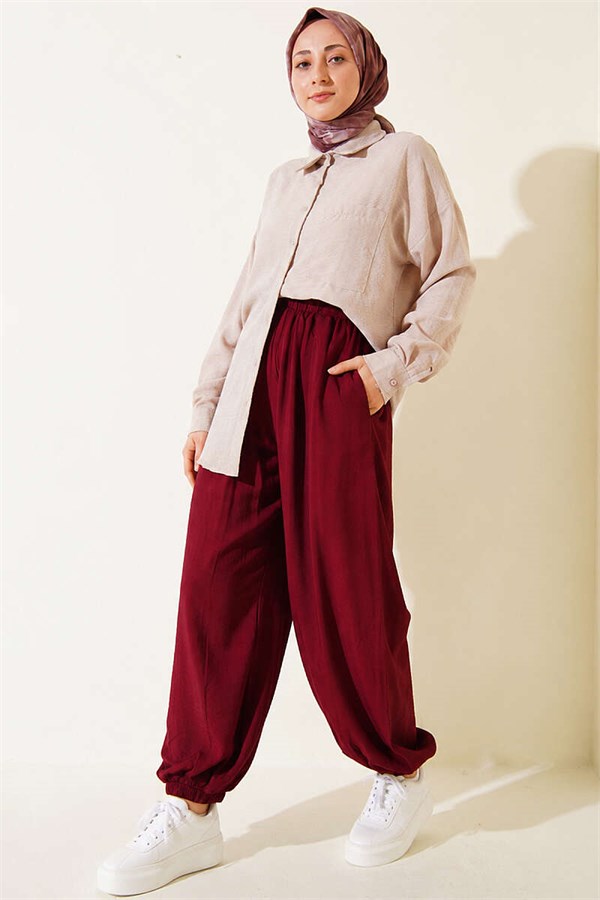 Burgundy Harem Pants with Elasticated Ankles and Pockets