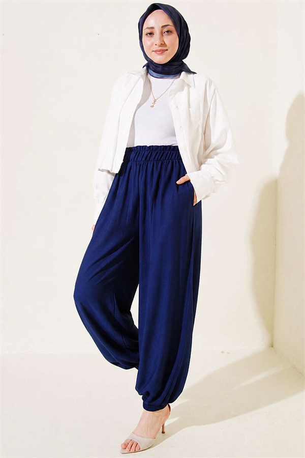 Navy Blue Harem Pants with Elasticated Ankles and Pockets
