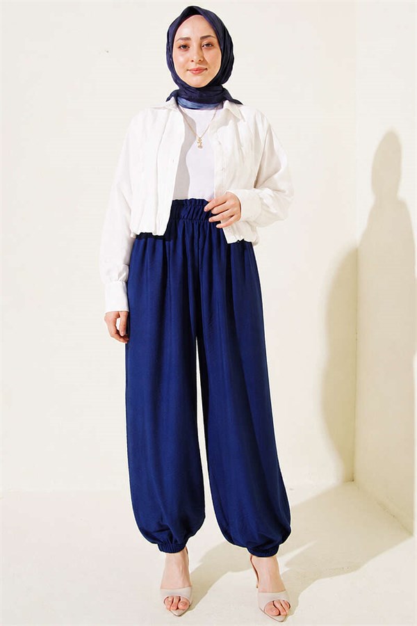 Navy Blue Harem Pants with Elasticated Ankles and Pockets