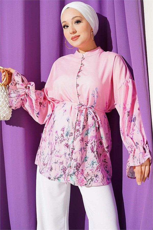 Pink Floral Print Shirt with Elasticated Ankles