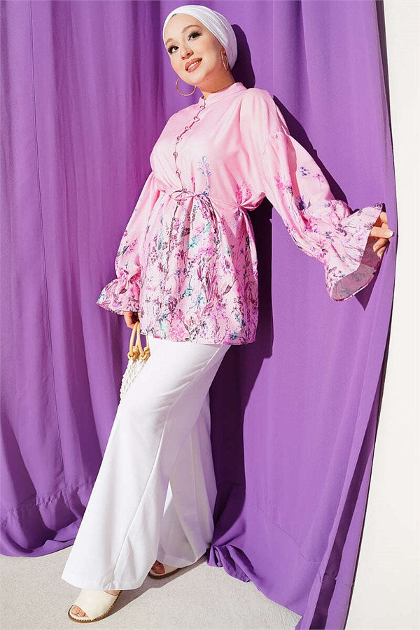 Pink Floral Print Shirt with Elasticated Ankles