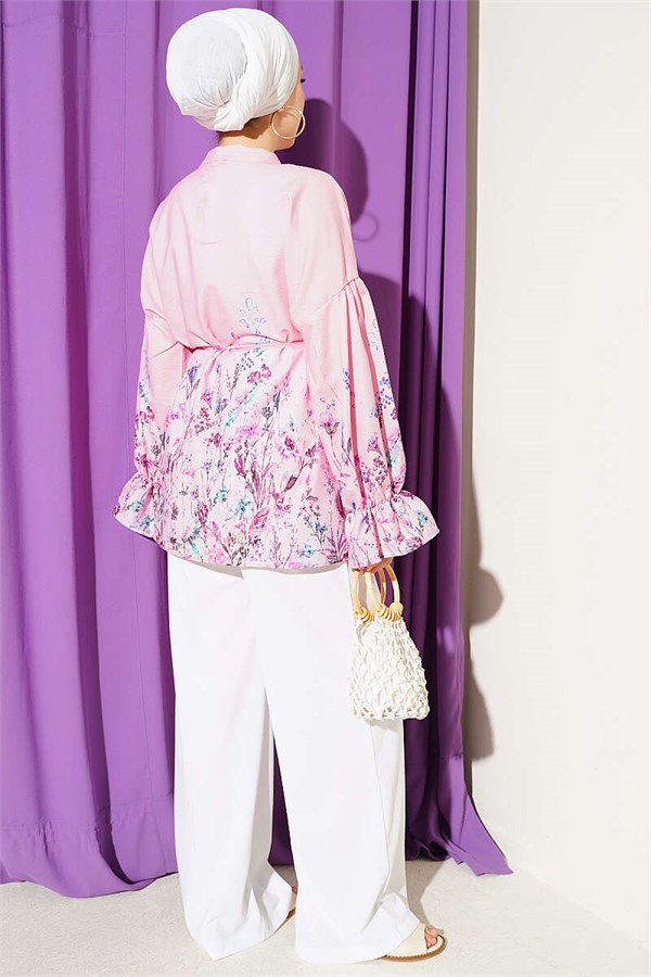 Pink Floral Print Shirt with Elasticated Ankles