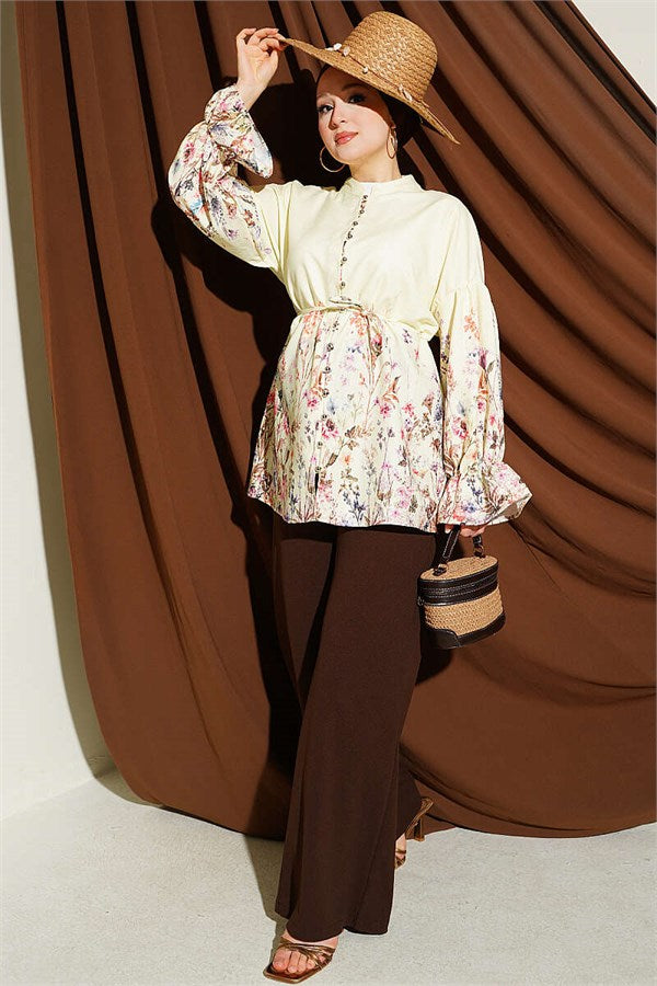 Yellow Floral Print Shirt with Elasticated Ankles