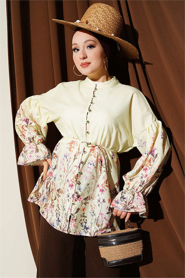 Yellow Floral Print Shirt with Elasticated Ankles