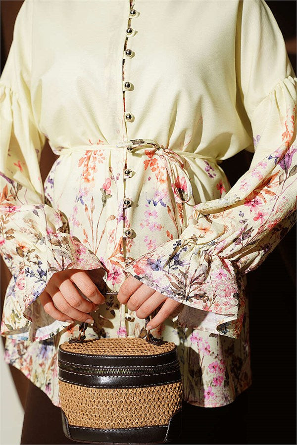 Yellow Floral Print Shirt with Elasticated Ankles