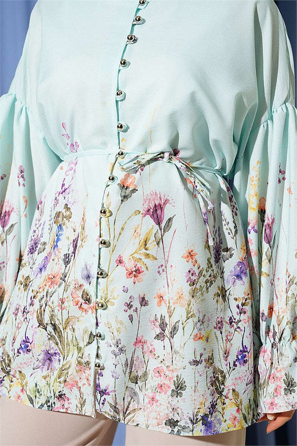 Turquoise Floral Print Shirt with Elasticated Cuffs
