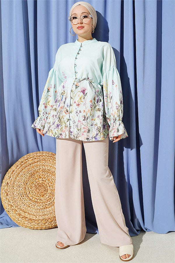 Turquoise Floral Print Shirt with Elasticated Cuffs