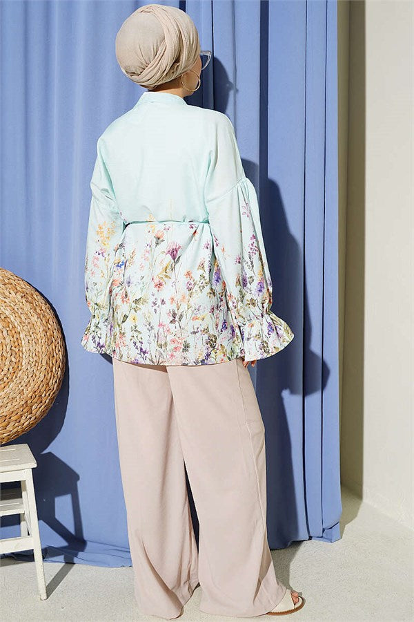 Turquoise Floral Print Shirt with Elasticated Cuffs